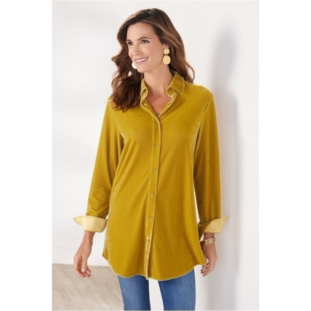 Soft Surroundings Velvet Boyfriend Tunic Shirt Size Large Boho Mustard Yellow
